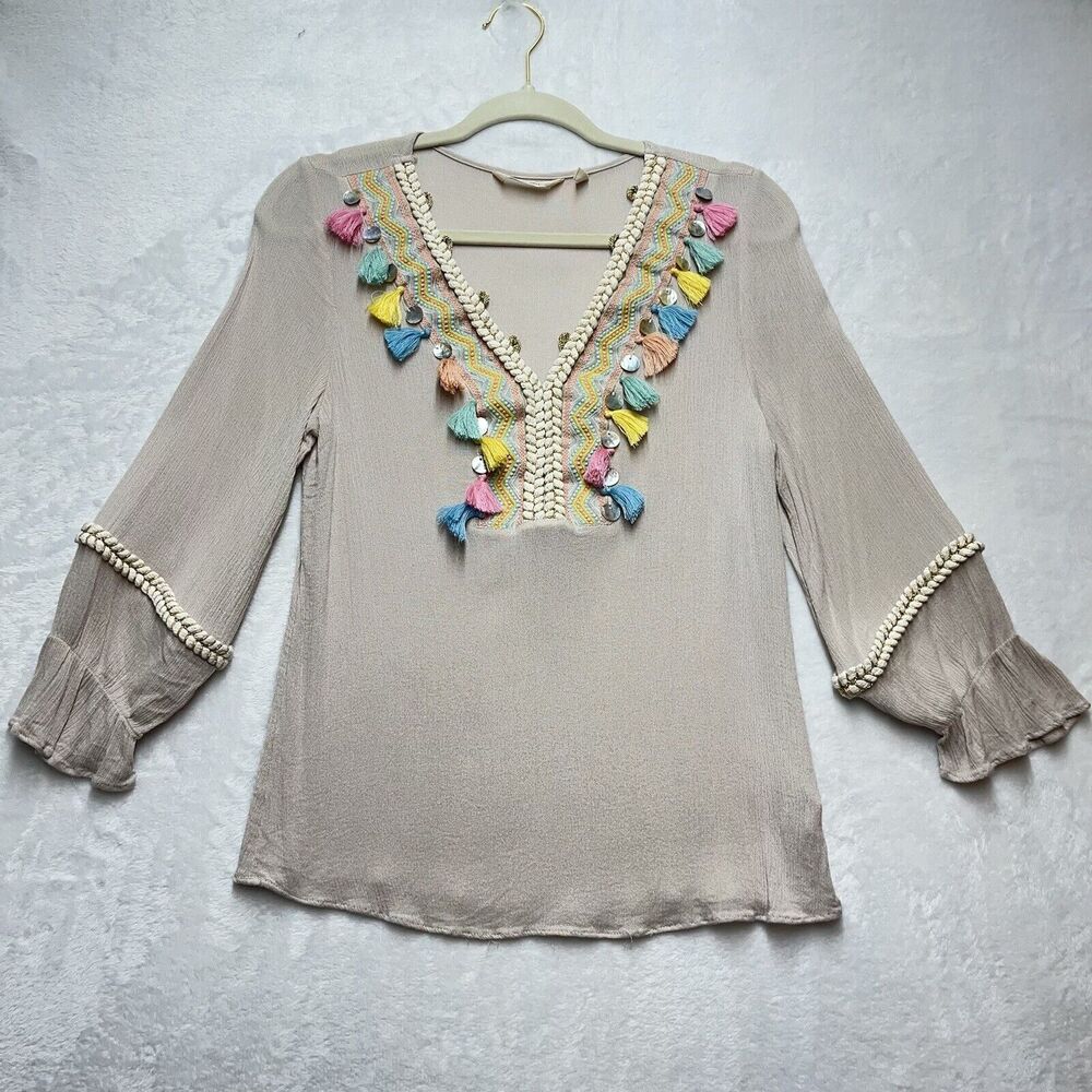 Soft Surroundings Embroidered Tassel Clementine Top Womens PXS Boho Beige Tunic
